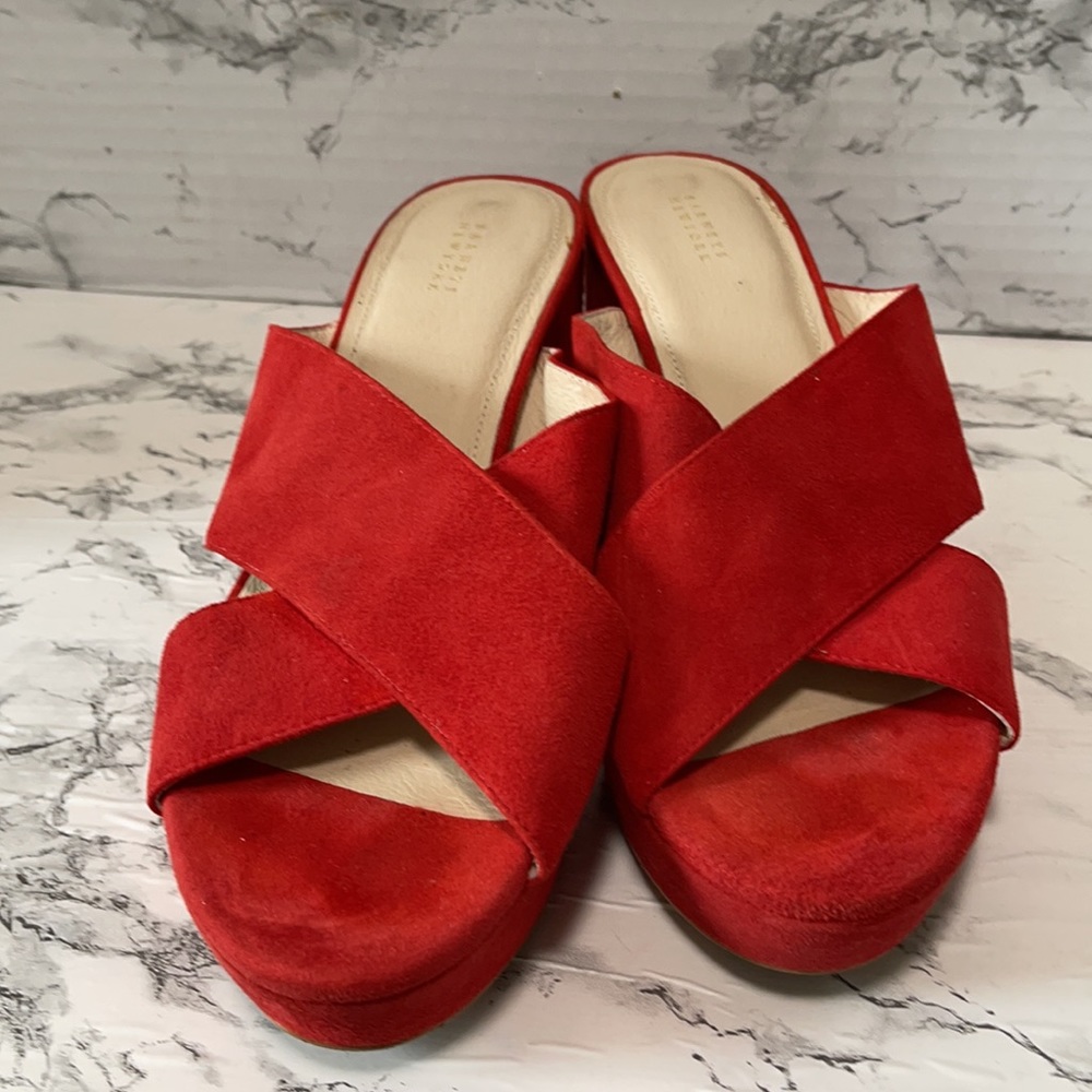 BARNEYS NEW YORK RED DOUBLE CRISS CROSS STRAP SLIP ON PLATFORM SHOE SIZE…